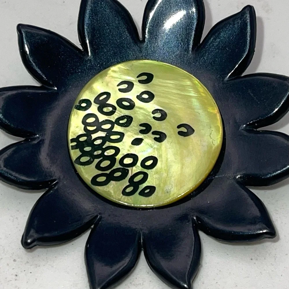 Vintage Artisan Resin Sunflower Brooch Black and Abalone Lime Green Handpainted